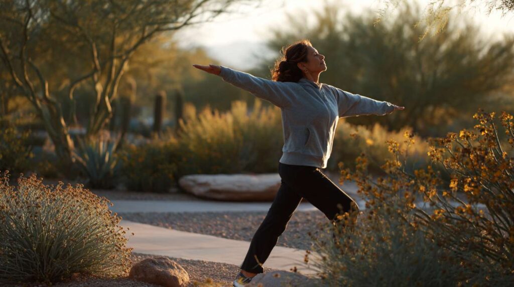 A woman practices a yoga pose on a desert walking path surrounded by native plants, commonly linked to wellness claims about mexican xanax