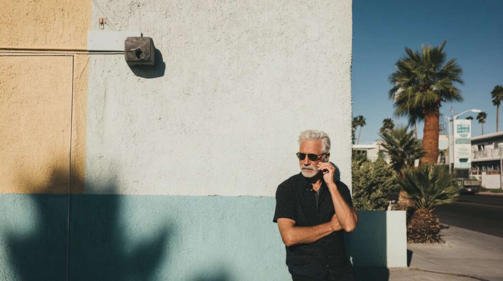 A middle-aged man with gray hair and sunglasses stands against a pastel-colored wall in a palm-lined desert neighborhood, illustrating getting off antidepressants and mental health reflection.