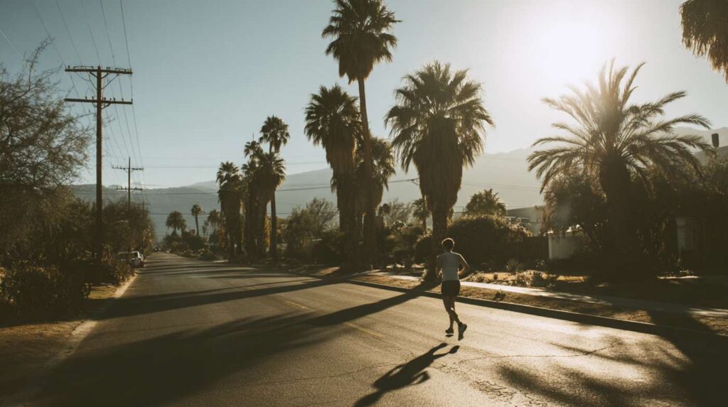 A calm desert lifestyle scene with warm light and palm trees, representing reflection and balance while discussing getting off antidepressants.