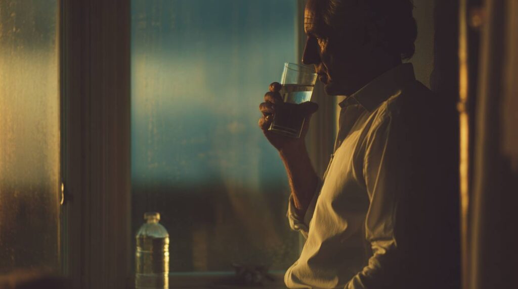 A middle-aged man standing by a window with a glass of water, illustrating concern and contemplation around L484 Pill misuse.