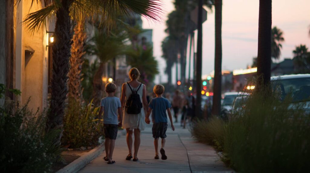 A woman walks down a palm-lined sidewalk at dusk holding hands with two children, reflecting structure and routine in part time treatment.