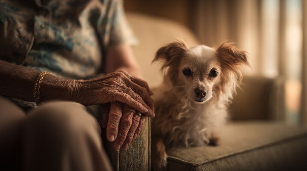 An elderly person resting with a small companion dog, reflecting the comfort and emotional support often found in senior addiction treatment.