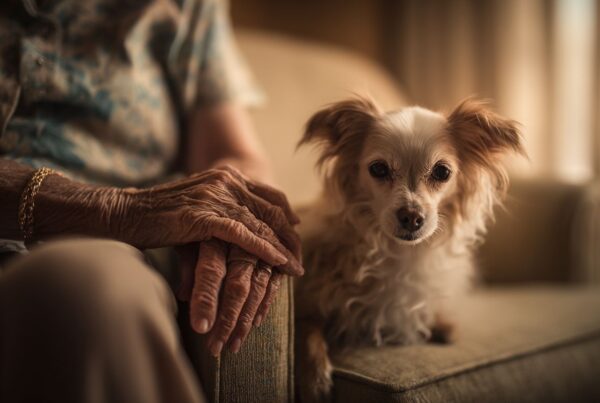 An elderly person resting with a small companion dog, reflecting the comfort and emotional support often found in senior addiction treatment.