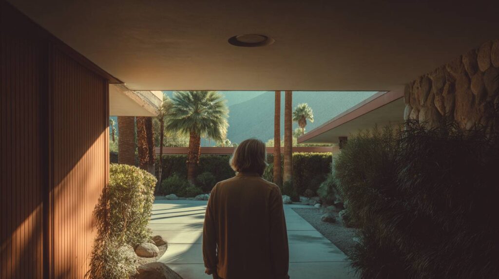 A mature adult walking through a calm Palm Springs setting, symbolizing reflection, independence, and healing in senior addiction treatment.