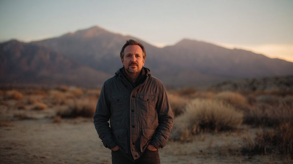 A contemplative middle-aged man stands in a desert landscape at dusk, reflecting the vulnerability often explored when asking what is wet brain.