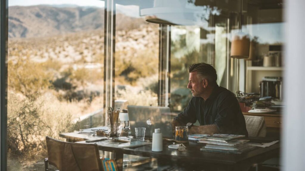 A middle-aged man sitting alone at a desk, reflecting the mental strain and consequences linked to an 8 ball of coke.