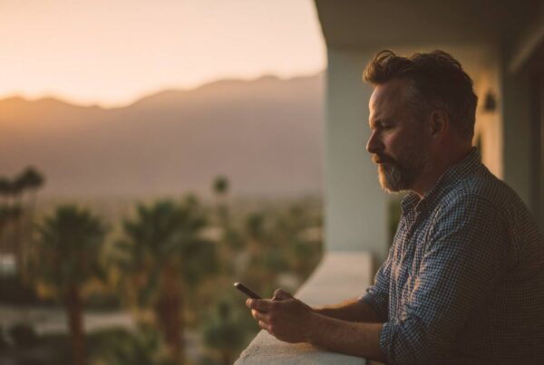 A middle-aged man stands on a balcony at sunset, looking down at his phone, reflecting the quiet and often overlooked dangers of snorting drugs.