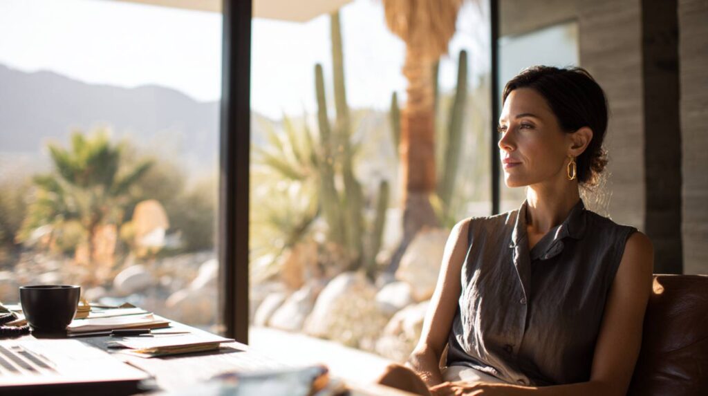 A woman sits near a sunlit desert window in a calm, reflective moment that highlights the subtle but serious dangers of snorting drugs.