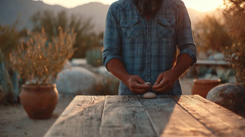 A man standing at an outdoor table handling pills at sunset, highlighting concerns around DayQuil and alcohol use together.