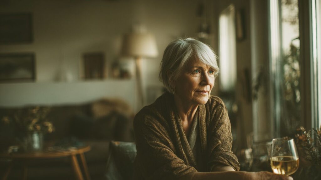 An elderly woman with silver hair sits quietly by a window holding a glass of wine, illustrating the subtle realities of elderly addiction.