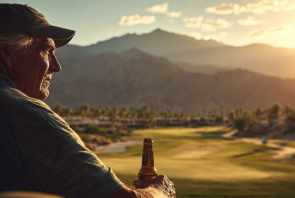 An older man relaxes on a golf course at sunset with a beer in hand, reflecting how elderly addiction can blend into everyday routines.