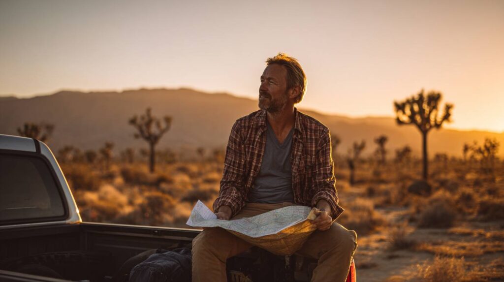 A man in his 50s sitting on the tailgate of a pickup truck in the desert holding a map, reflecting on the question, is Vicodin an opoid.