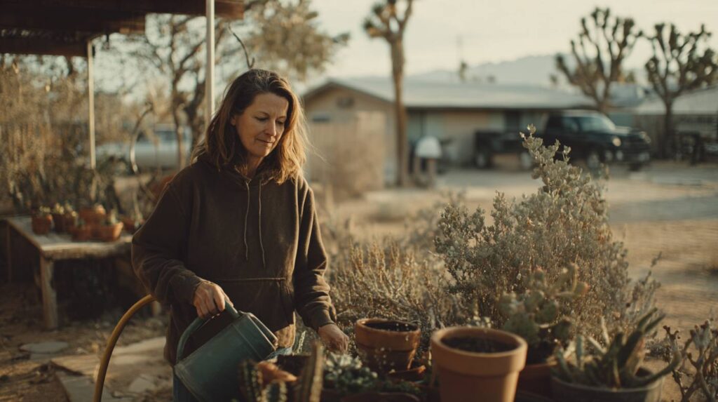 A woman in her late 40s watering desert plants outside her home in a quiet desert setting while considering whether is Vicodin an opoid.