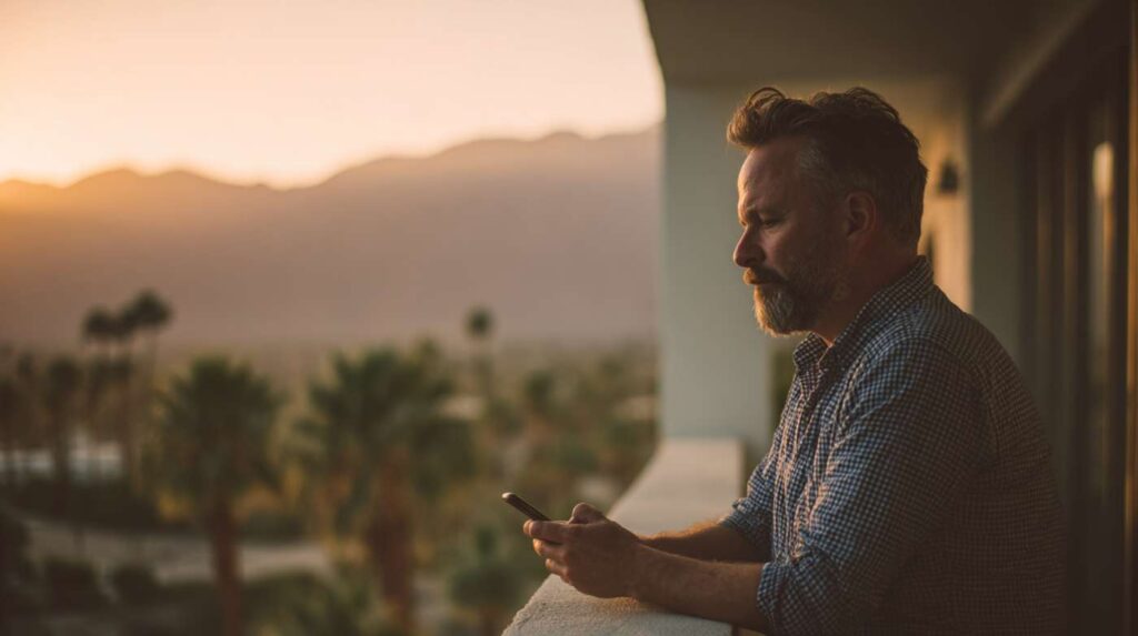 A middle-aged man standing on a balcony at dusk, looking at his phone while he quietly copes with drugs and internal pressure.