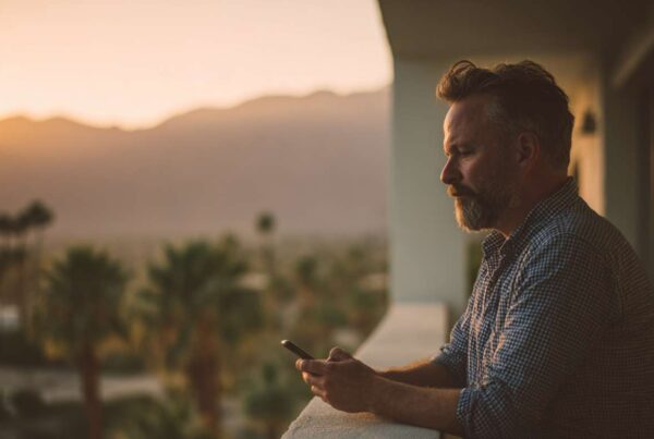 A middle-aged man standing on a balcony at dusk, looking at his phone while he quietly copes with drugs and internal pressure.