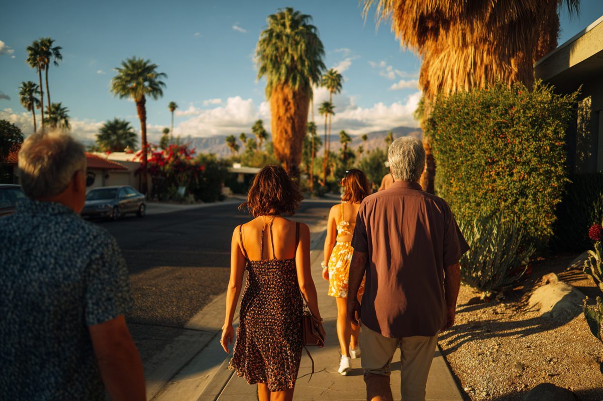Parents walking with their adult children in Palm Springs neighborhood reflecting family recovery support and connection.
