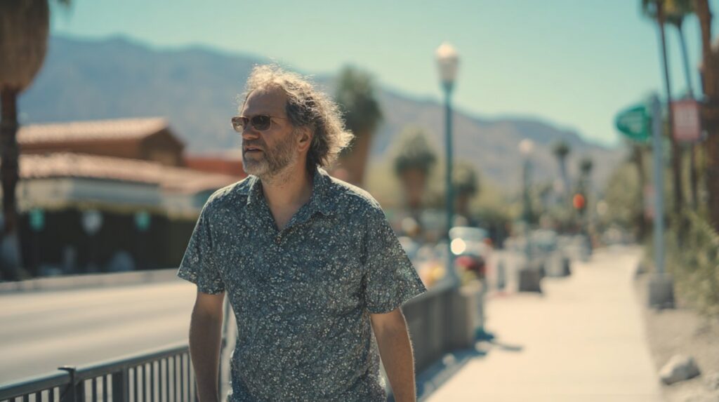 A middle-aged man walking thoughtfully along a sunny Palm Springs street, reflecting the uncertainty around how long does acid last.