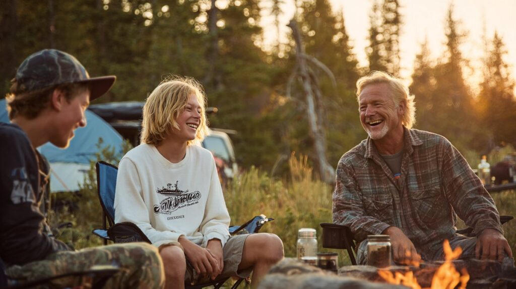 A father and his two sons laughing together around a campfire, capturing the love and hope that remain even when a parent fears my son is addicted.