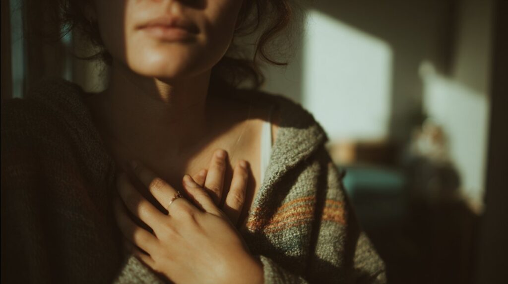 A woman resting her hand on her chest in warm, shadowed light, illustrating what is a bad trip and the emotional intensity it can bring.