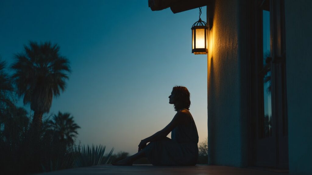 A woman sitting quietly on a porch at dusk with desert silhouettes in the background, reflecting the lingering visual effects of hppd.