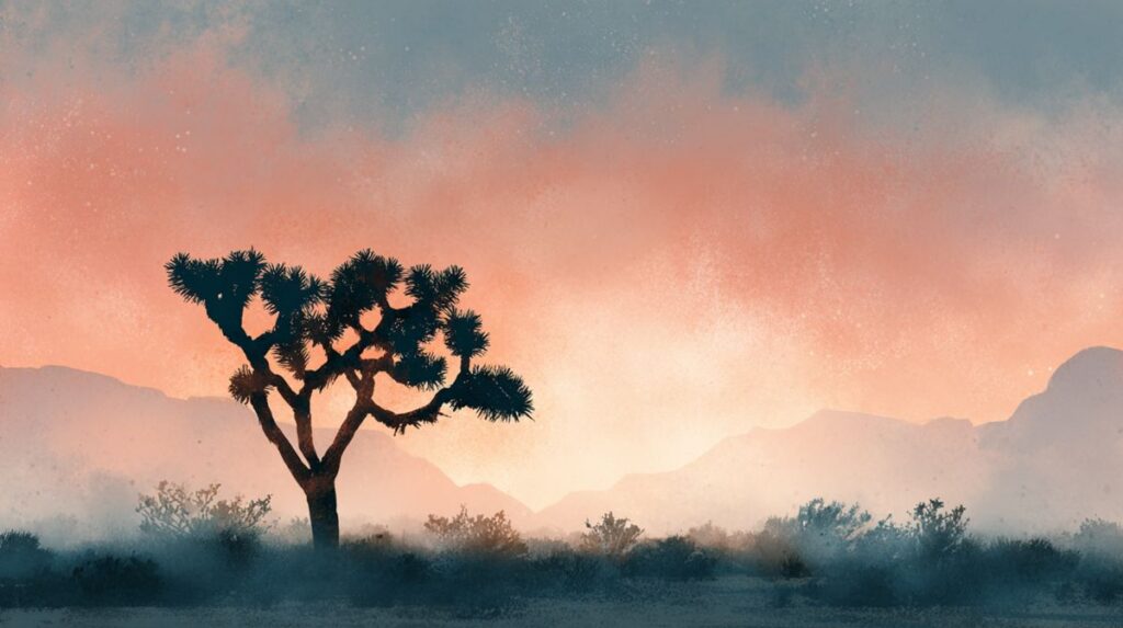 A lone Joshua tree in a hazy desert sunset landscape, symbolizing the altered perception associated with hppd.