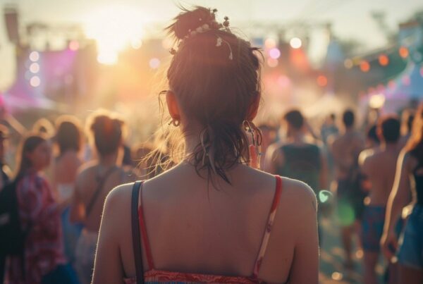 A young woman standing in a crowded outdoor music festival at sunset, illustrating the social environments where club drugs are often used.