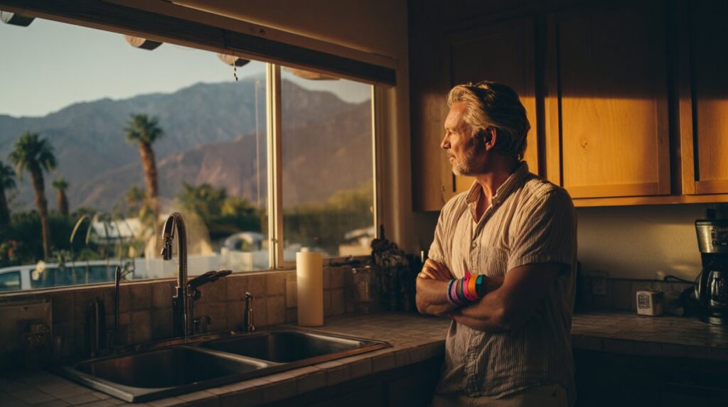 A concerned middle-aged man looking out a Palm Springs window, reflecting the impact that club drugs can have on families.